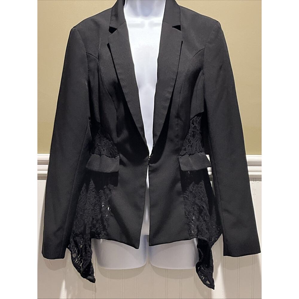 INC Black Structured Blazer with Sheer Lace Drape Back – Size Medium